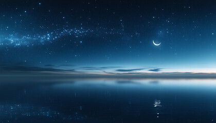 A beautiful night sky with stars and a crescent moon over calm water