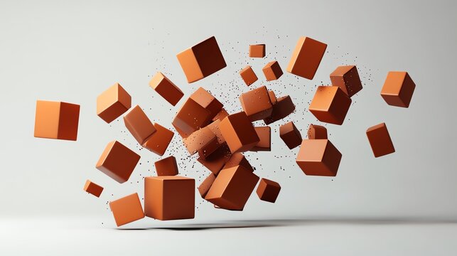 Fototapeta A dynamic arrangement of floating orange cubes creating a sense of movement against a neutral background.