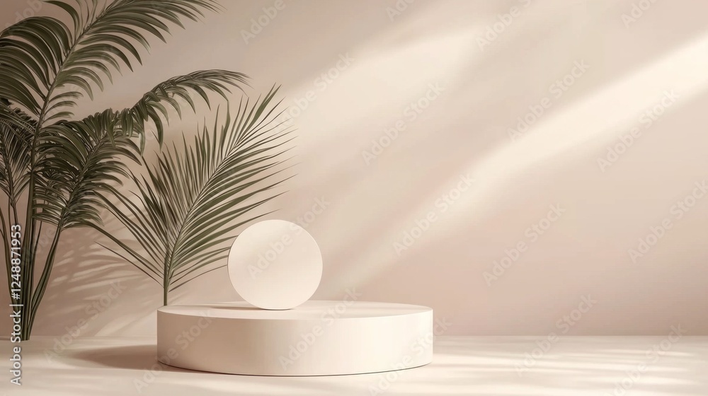 Poster a minimalistic beige studio features a geometric podium with a round platform, surrounded by lush pa