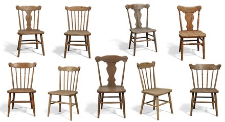 Collection of old, wooden chairs isolated on transparent background. 3D render. 3D illustration.
