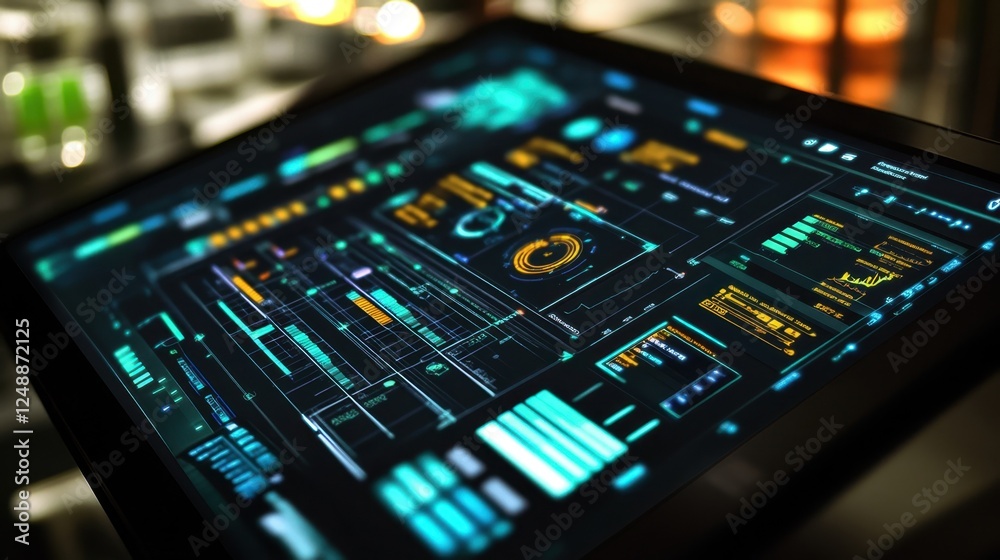 Poster high tech digital interface displaying complex data visualizations and analytics. vibrant graphics a