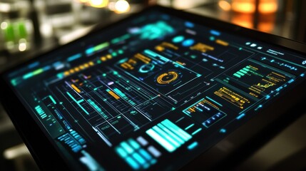 High tech digital interface displaying complex data visualizations and analytics. Vibrant graphics and holographic elements create a futuristic scientific environment