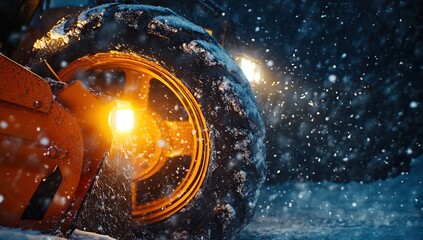 Fototapeta premium Snowplow Tire's Winter Night Operation during Blizzard, Powerful Machine Cleans Roads Efficiently