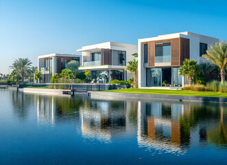 Obraz premium Contemporary waterfront villas mirroring in placid water under clear sky offering luxurious tranquil lifestyle and innovative architecture