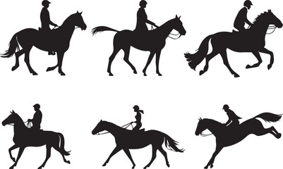 A set of horse riding silhouette using flat solid black color design, vector illustration design on a white background.