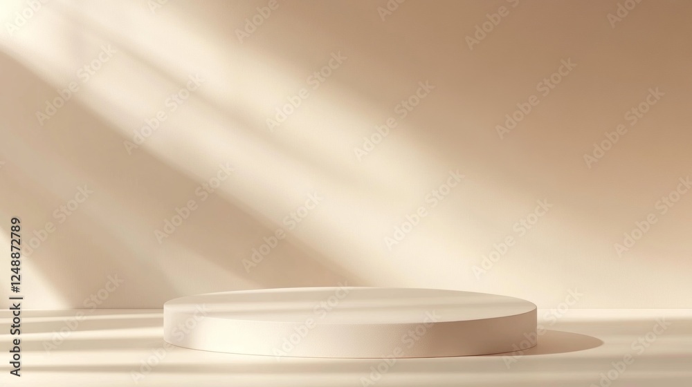 Poster a refined space awaits product presentation, featuring a smooth circular platform against a beige ba