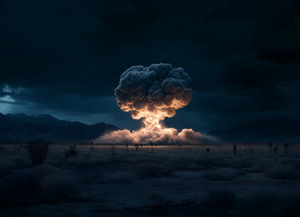 Eerie desert landscape with a towering mushroom cloud explosion against a dark, starlit sky, evokes a sense of impending doom and catastrophic aftermath