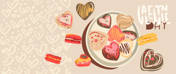 Valentine's Day - fully editable poster in modern abstract flat style. Seamless pattern (background), pictures and hearts with text - perfect for advertising, branding, posters. Digital illustration