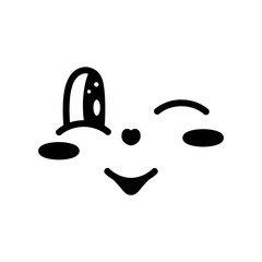 Winking facial expression. Face with positive emotions. Smile, blush. Sketch. Vector illustration. Outline on isolated white background. Doodle style. Cute grimace. Idea for web design.