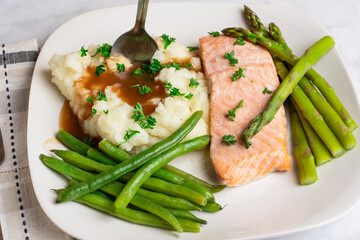 baked salmon with green beans, asparagus  and mash potatoes