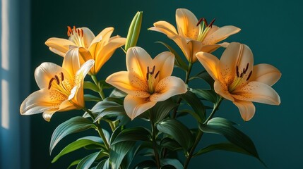 Obraz premium Sunlit bouquet of pale orange lilies against a teal background.