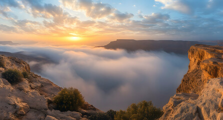 Naklejka premium Majestic landscape showcasing a sea of clouds blanketing a canyon, illuminated by the warm hues of the rising sun at golden hour