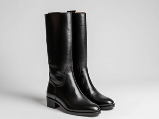 Elegant black leather riding boots for women displayed on white background
