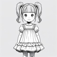 Fototapeta premium A preschool girl curious with twin ponytails wearing a summer ruffled dress in a anime hand drawing flat line design