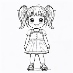 A preschool girl happy with twin pigtails wearing a summer sundress and sandals in a anime hand drawing flat line design