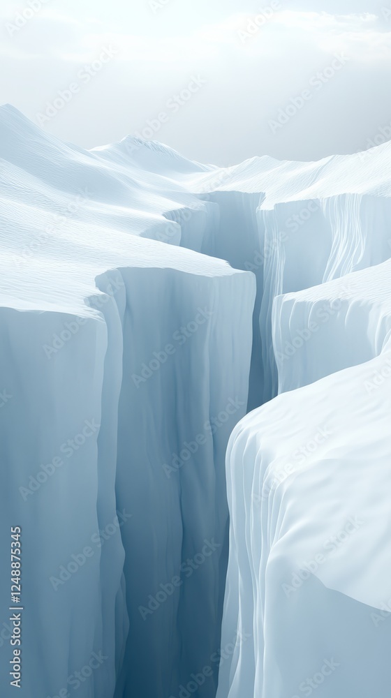 Poster sunlight illuminates a deep, narrow crevasse cutting through a pristine, snow covered landscape, cre
