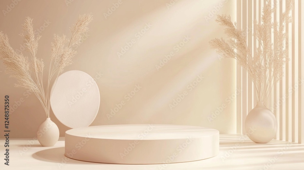 Poster delicate geometric platforms create an inviting display for beauty items in this softly lit, minimal