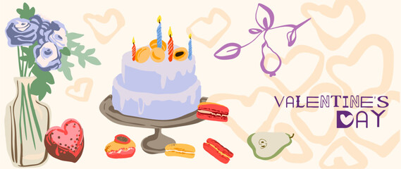 Valentine's Day - fully editable poster in modern abstract flat style. Seamless pattern (background), pictures and hearts with text - perfect for advertising, branding, posters. Digital illustration