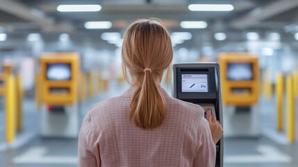A woman interacting with a parking meter in a modern parking facility, highlighting technology and convenience in urban transport.