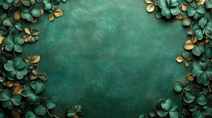 Decorative emerald green backdrop with embossed clover leaves and subtle gold highlights