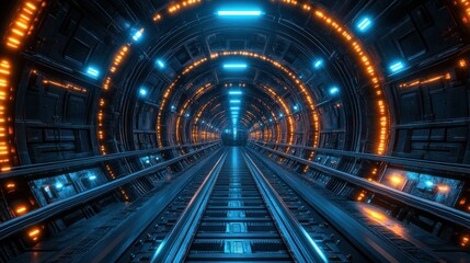 Futuristic Train Tunnel: Neon Lights and Metal