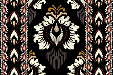 Ikat embroidery on black background. Traditional geometric oriental ethnic pattern. Abstract Aztec style vector illustration.