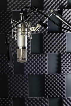 A professional microphone in a home recording studio with sound proof walls