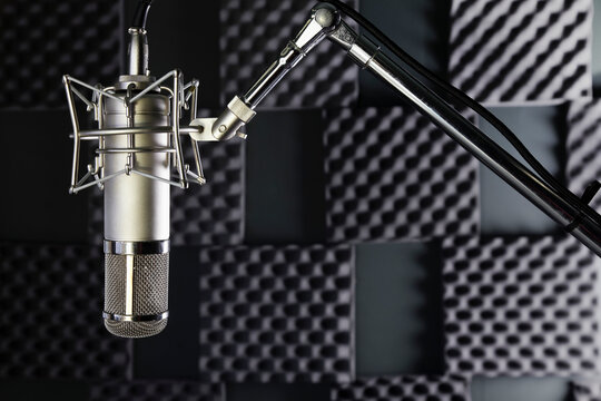 A professional microphone in a home recording studio with sound proof walls