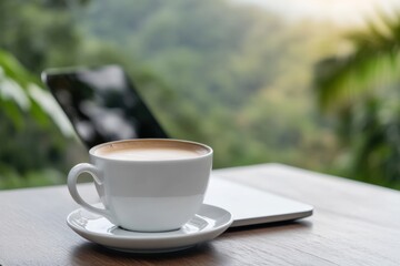 coffee cup and laptop on a wooden table