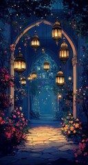 Night Garden Archway, Lanterns, Floral Path,  Mystical Background, Game Design