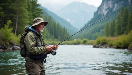 Elderly caucasian male fishing in serene mountain river landscape