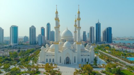 Naklejka premium Majestic Mosque in Modern Cityscape: An Aerial View