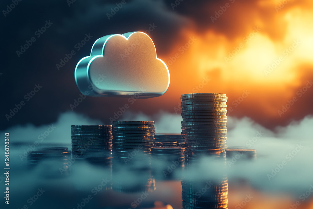 Poster a cloud above a stack of coins symbolizing the concept of cloud computing, finance, investment, and 