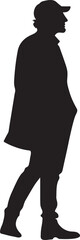 A man standing and wearing a jacket with hand into the pocket silhouette, using flat solid black color design, vector illustration design on a white background.
