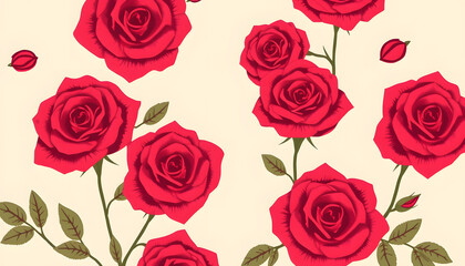 Red roses background, hand-drawn digital illustration. with white shades