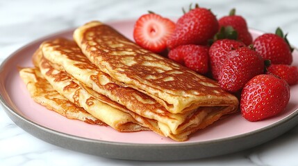 Delicious crepes with fresh strawberries on pink plate, marble background, breakfast food