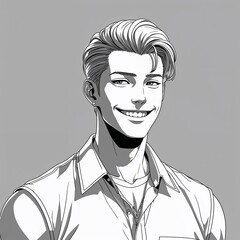 A young adult man beaming with slicked back hair wearing a summer tank top and sunglasses in a anime hand drawing flat line design