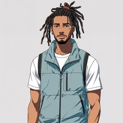 A young adult man calm with dreadlocks tied back wearing a summer lightweight vest in a anime hand drawing flat line design