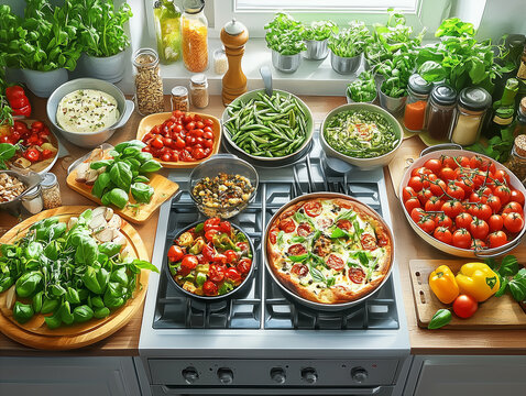 Cartoon food image: artistic kitchen scene with a spread of delicious meals and ingredients.