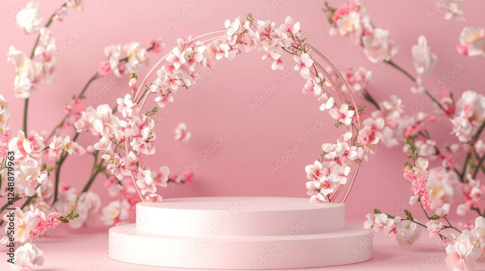 Poster a stunning pink geometric backdrop features a sleek pedestal adorned with soft flowers, creating a s