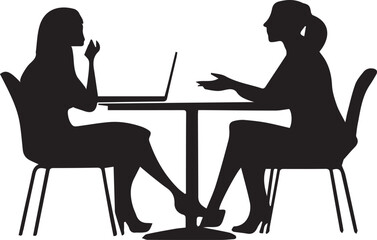 Business two woman silhouette doing group meeting sitting on a table, using flat solid black color design, vector illustration design on a white background.