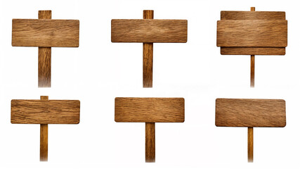 A collection of various wooden signboards with different shapes and designs, including arrows, rectangular planks, and rustic aged wood signs.