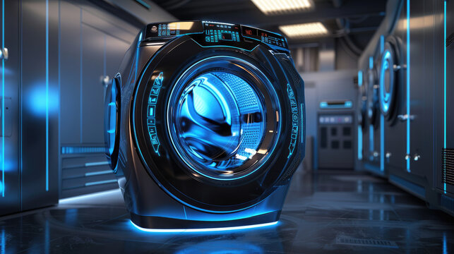 Revolutionizing laundry the futuristic washing machine with digital interface and blue lighting in a modern home environment - a tech innovation overview