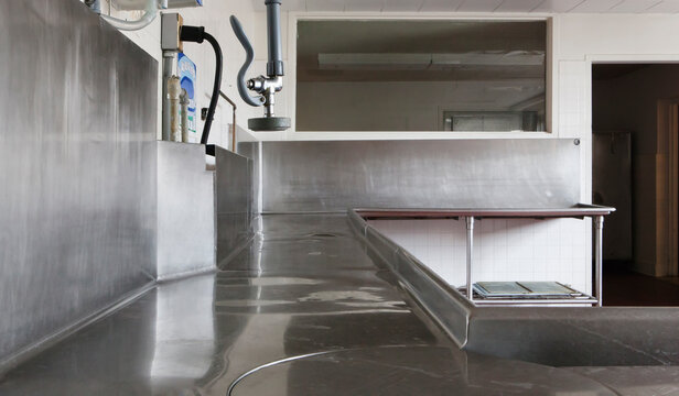 Dishwashing Station with stainless steel surfaces in large catering kitchen