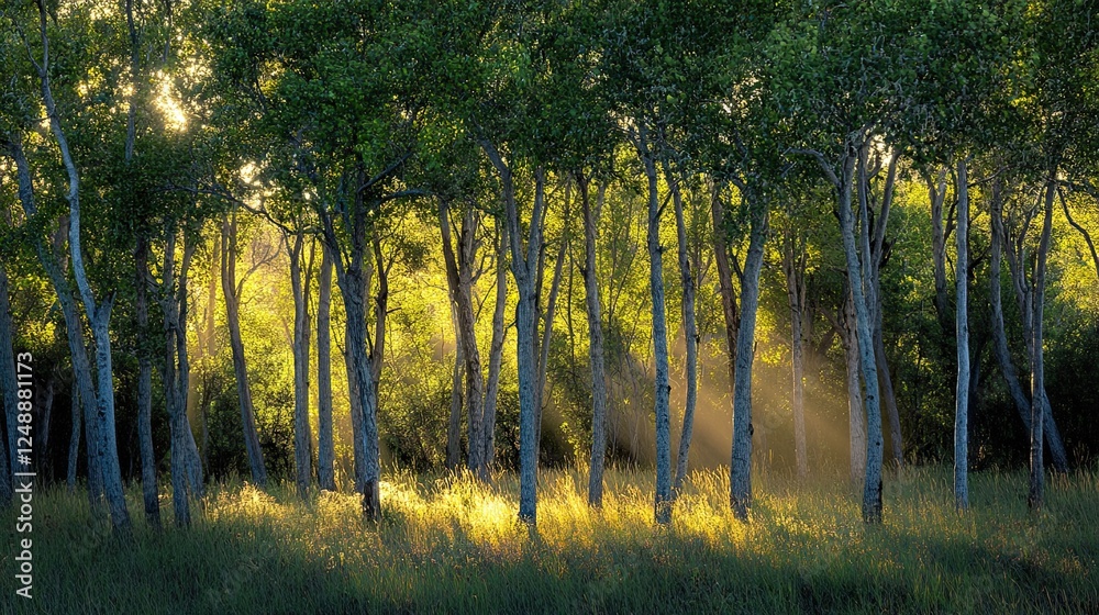 Wall mural sunlight filtering through trees creating golden hour forest scene