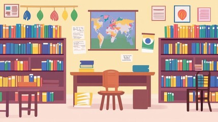 Cozy Classroom with Bookshelves and World Map Decor
