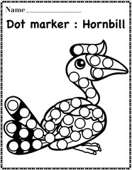 Hornbill dot marker worksheet activity for kids, preschool, kindergarten and homeschool , fit for 8.5”x11” size