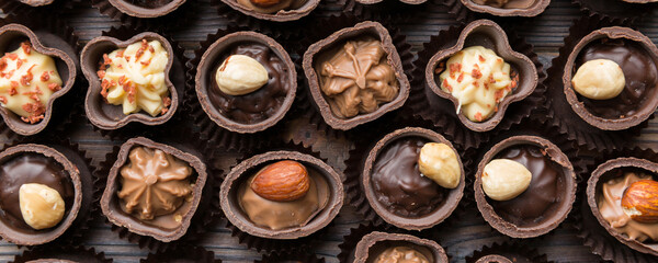 Different kinds of chocolates on colored table close-up. Top View and Flat Lay