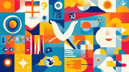 Colorful Abstract Geometric Pattern with Shapes and Symbols