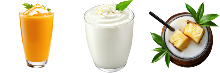 A refreshing trio of tropical drinks featuring mango, coconut, and pineapple flavors, perfect for summer enjoyment and relaxation.